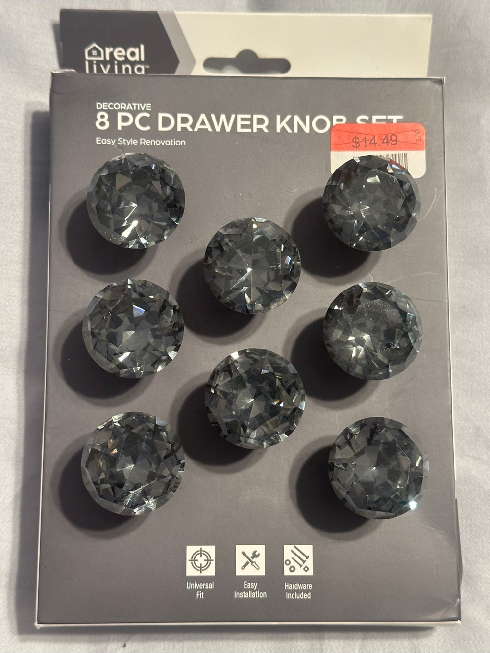 Real Living Decorative Crystal-Style Drawer & Cabinet Knobs (8-Pack) - Gray